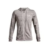 Campera Under Armour Rival Terry, color gris jaspeado, con cierre frontal completo, capucha con cordones ajustables y logo estampado en el pecho.