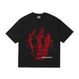 Remera negra oversize con estampado frontal de un rostro en llamas rojas y el texto "*LOST SOULS* WHERE YOU SAW YOURSELF".