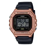 Reloj digital Casio con caja octogonal color oro rosa y correa de resina negra. Cuenta con funciones de cronómetro, alarma, calendario y luz LED. Resistente al agua hasta 50 metros.