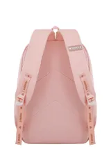 Mochila color verde con detalles en celeste, múltiples bolsillos frontales con cierre y correas ajustables con la palabra 'Trendy' estampada.