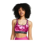 Top deportivo Under Armour con estampado abstracto en tonos verde militar y negro, breteles finos blancos y banda elástica con logo de la marca.
