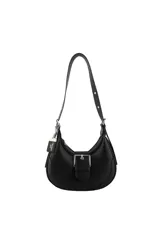Cartera bandolera negra con correa regulable y desmontable, llavero desmontable y organizador interno.