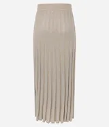 Pollera midi color beige de punto acanalado con hilo metalizado.