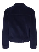 Chaqueta bomber azul marino de pana con cuello mao y cierre frontal con cremallera.