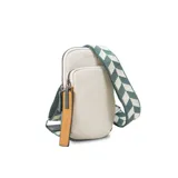 Bandolera porta celular color crudo, con bolsillo frontal y correa de galón regulable y desmontable con diseño geométrico en verde y blanco.