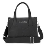 Cartera Guess modelo Forber, color negro con textura y diseño de círculos en relieve. Tiene doble asa corta, correa larga extraíble y logo plateado en el frente.