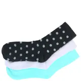 Pack de tres pares de medias de mujer Miss Carol, uno negro con lunares celestes, uno blanco liso y uno verde agua liso.