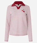 Blusa de algodón a rayas horizontales blancas y rojas, con cuello polo rojo, mangas largas y bordado de cerezas en el pecho.