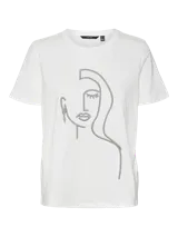 Camiseta blanca de algodón con cuello redondo y mangas cortas. Presenta un bordado en el frente con el contorno de un rostro femenino.