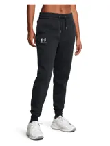 Pantalón de jogging Under Armour Icon Fleece para mujer, color negro con logo blanco en el muslo izquierdo.