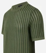 Remera verde militar de poliéster con cuello redondo y manga corta. Presenta un tejido de punto con textura de rayas contrastantes.