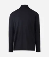 Remera deportiva térmica de manga larga para hombre, color negro, con cuello alto y cierre frontal parcial. Presenta recortes en los hombros y mangas raglán.