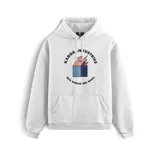 Canguro blanco con capucha y bolsillo delantero. Estampado frontal con el logo de la marca y el dibujo de una casa en llamas.