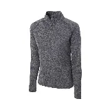 Camiseta deportiva gris jaspeado de calce entallado, con cuello alto y cierre parcial.