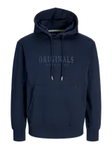 Canguro azul marino con capucha, cordones ajustables blancos y bolsillo tipo canguro. Estampado frontal con la palabra "ORIGINALS" en mayúsculas y el logo de Jack & Jones en gris oscuro.