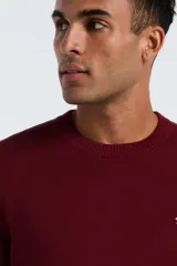 Sweater de punto liso color bordó, con cuello redondo y manga larga. Presenta un pequeño logo bordado en el pecho.