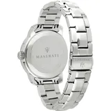 Reloj Maserati modelo Successo, con caja y pulsera de acero inoxidable plateado, esfera azul con textura, agujas e indicadores plateados, cristal mineral y movimiento de cuarzo.