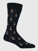 Calcetín de vestir para hombre, color azul marino, con estampado repetitivo de la cabeza de un perro Basset Hound en tonos marrón y blanco.