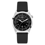 Reloj Guess para hombre, modelo GW0494G1, con caja plateada de 42mm, esfera negra con números arábigos y correa de silicona negra.