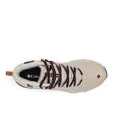 Bota de trekking Columbia Facet 75 Equinox color beige con detalles en negro y naranja. Confeccionada en malla duradera con capas sin costuras y soporte de TPU translúcido en la parte media del pie y clip en el talón para protección y estabilidad.