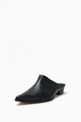 Zueco de cuero negro con punta fina y taco bajo.