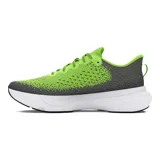 Zapatillas de running Under Armour Infinite para mujer, con capellada de tejido knit degradado en tonos gris y verde flúor, logo de la marca en el talón y suela blanca con tecnología HOVR.