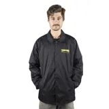 Campera negra tipo windbreaker con cuello camisero, cierre frontal con botones a presión, bolsillos laterales y logo de Thrasher en amarillo en el pecho.