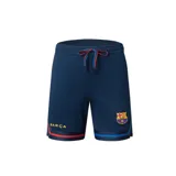 Short deportivo azul marino con cintura elástica ajustable con cordón, logo del FC Barcelona y la palabra "Barça" estampada.