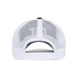 Gorro gris tipo trucker con logo de Caterpillar bordado en blanco en el frente. La parte trasera es de malla.