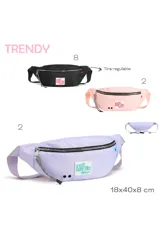 Riñonera lila con correa ajustable, cierre superior con cremallera y tirador de cordón bicolor. Estampa frontal con la frase "Keep Moving! Trendy".