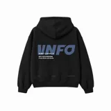 Hoodie negro de corte oversize con capucha amplia. Presenta un estampado gráfico en la espalda con el texto 'VNFO' en letras grandes de color gris azulado, acompañado de coordenadas geográficas y la frase 'NOT FOR EVERYONE If you know, you know.' en blanco.