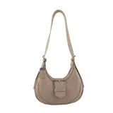 Bandolera color beige con correa regulable y desmontable, llavero desmontable y organizador interno.