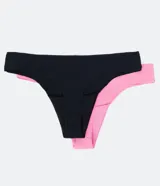 Kit de dos bombachas tipo bikini hilo, una negra y otra rosada, confeccionadas en microfibra con corte láser.