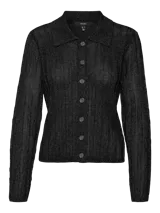 Cárdigan negro de punto con lurex plateado, cuello polo y cierre de botones.