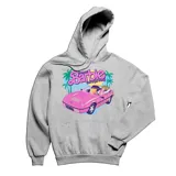 Canguro gris con capucha y cordones ajustables, con estampado de Barbie manejando un auto rosa.