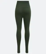 Calza deportiva larga color verde militar, de poliamida, con cintura alta acanalada y sin costuras.