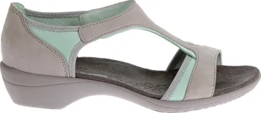 Sandalias Hush Puppies color gris con detalles en verde agua, con suela liviana y flexible.