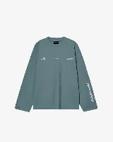 Remera de manga larga color celeste con cuello redondo y puños acanalados. Estampados con logos de la marca en el frente y texto en la manga.