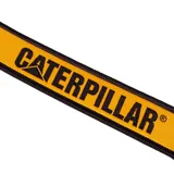 Llavero de tela tejido con el logotipo de Caterpillar en amarillo y negro, con un gancho metálico desmontable de color negro.