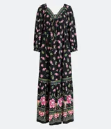 Vestido largo de viscosa negra con estampado floral en tonos rosa y verde. Tiene mangas largas abullonadas, escote en pico con detalle de puntilla y lazo frontal.