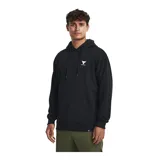 Buzo negro con capucha de la colección Project Rock de Under Armour. Tiene cordones ajustables en la capucha, bolsillo tipo canguro y logo de Project Rock estampado en el pecho.