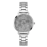 Reloj Guess plateado con correa de acero inoxidable y esfera plateada brillante con diseño de logos de la marca.