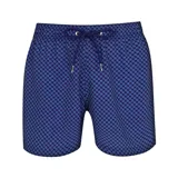 Short de baño azul con estampado geométrico, cintura elástica y cordón de ajuste.