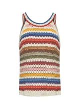 Remera sin mangas tejida a crochet con algodón orgánico, acrílico y lino orgánico. Diseño a rayas horizontales de colores.