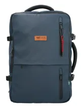 Mochila RKF fabricada con poliéster reciclado repelente al agua, con múltiples bolsillos y compartimentos, además de contar con forro interior 100% poliéster reciclado. Puede usarse como maletín gracias a su mango lateral.