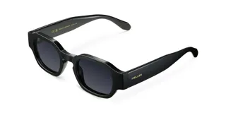 Gafas de sol unisex de forma geométrica, con montura negra y lentes polarizadas negras.