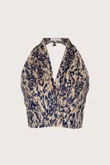 Top halter con estampado animal print en tonos beige, marrón y azul.