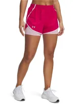 Short deportivo Under Armour Fly By 2 in 1 para mujer, color verde agua con detalles en blanco. Cuenta con calza interior, cintura elástica y bolsillo lateral con cierre.