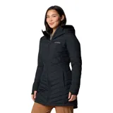 Campera Columbia Joy Peak II Mid para mujer, color negro, con capucha y largo hasta la mitad del muslo. Cuenta con forro termorreflectivo Omni-Heat™ Infinity, tecnología Omni-Shield™ que repele la humedad y aislamiento Thermarator™ de poliéster reciclado.