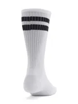 Pack de seis pares de medias Under Armour Essential unisex, de largo medio, en colores blanco, negro y gris. Tres pares son lisos y tres pares tienen rayas horizontales en la parte superior.
